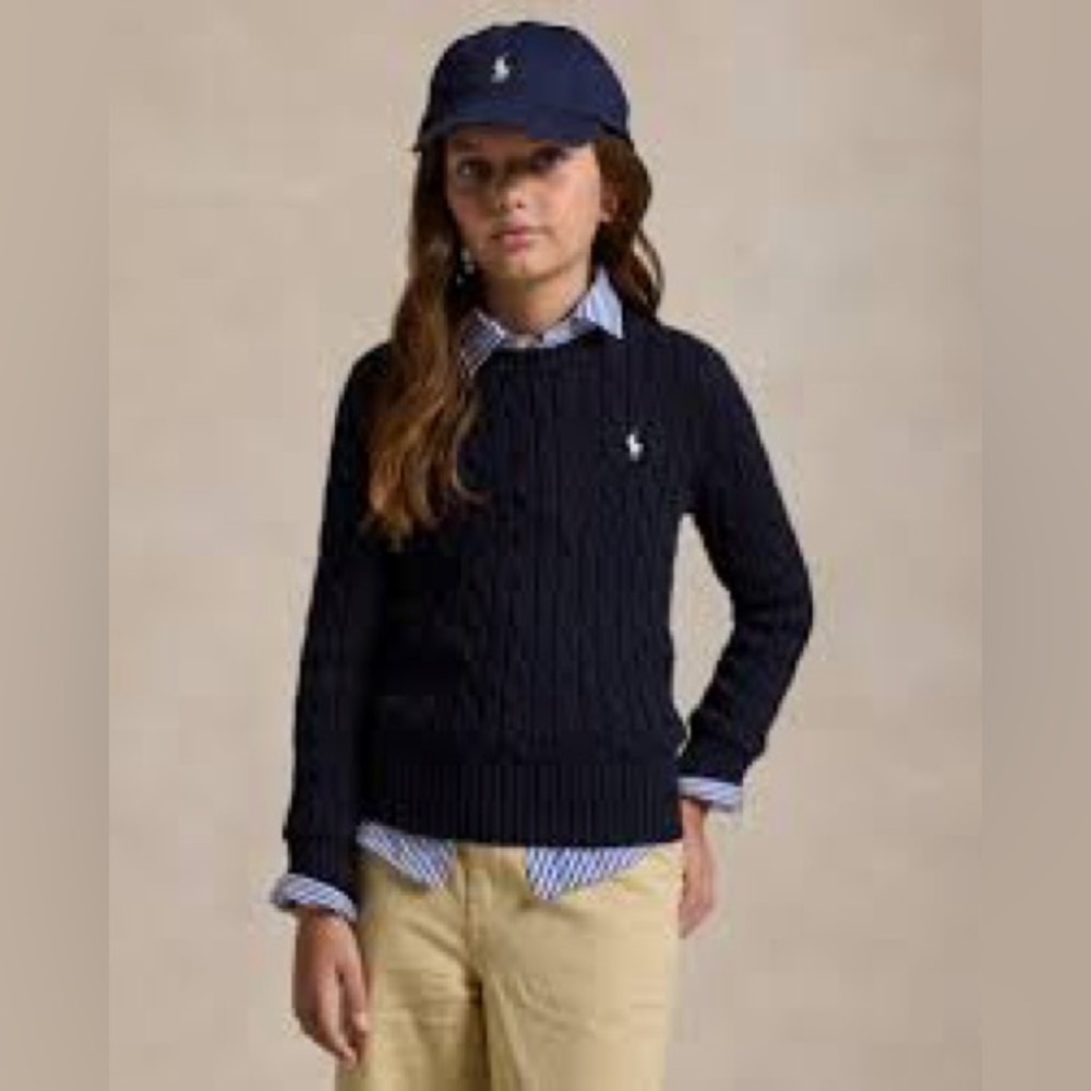 EUC. Size Small (7) Polo Ralph Lauren Girls Navy Cable Knit Sweater w/Pink Pony - Picture 2 of 9